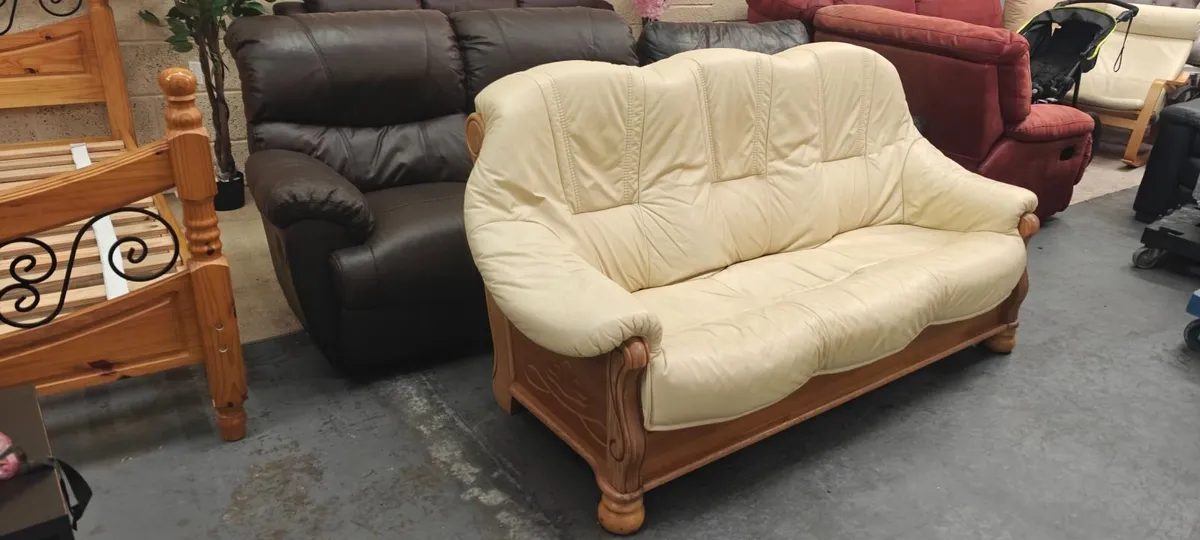 3 Seater Cream Leather Couch - Image 1