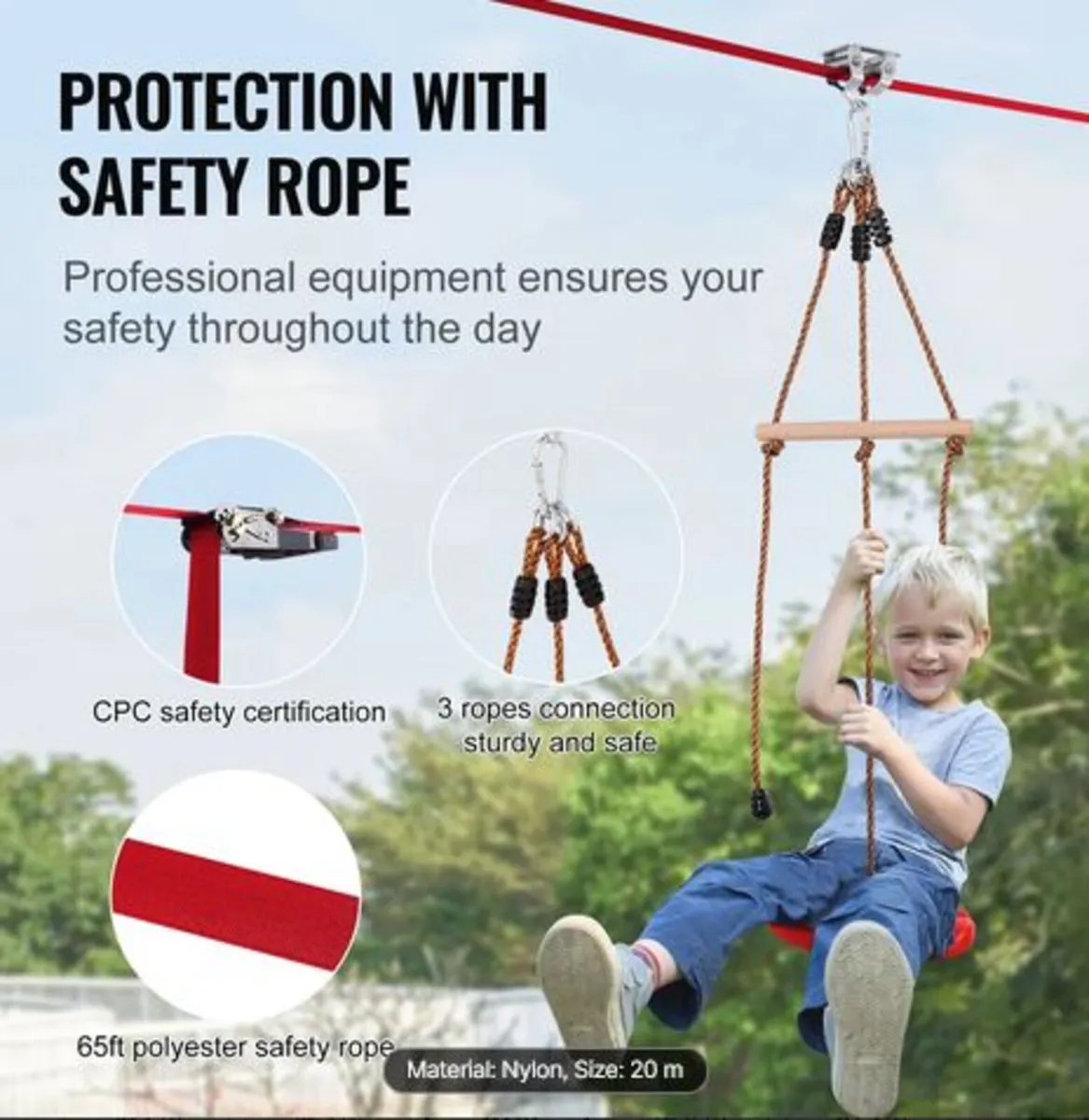 Zipline Kit for Kids and Adult, 65 ft Zip Line - Image 3