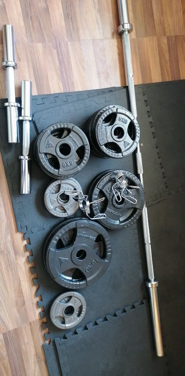 Barbell, adjustable dumbells, weight plates, rack - Image 2