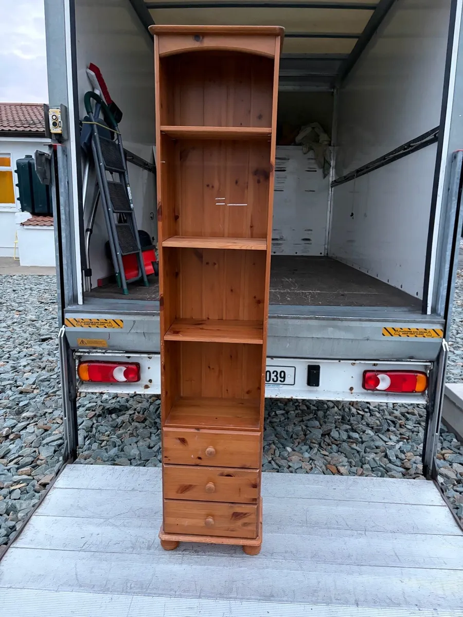 tall pine narrow book shelf unit with drawers - Image 1