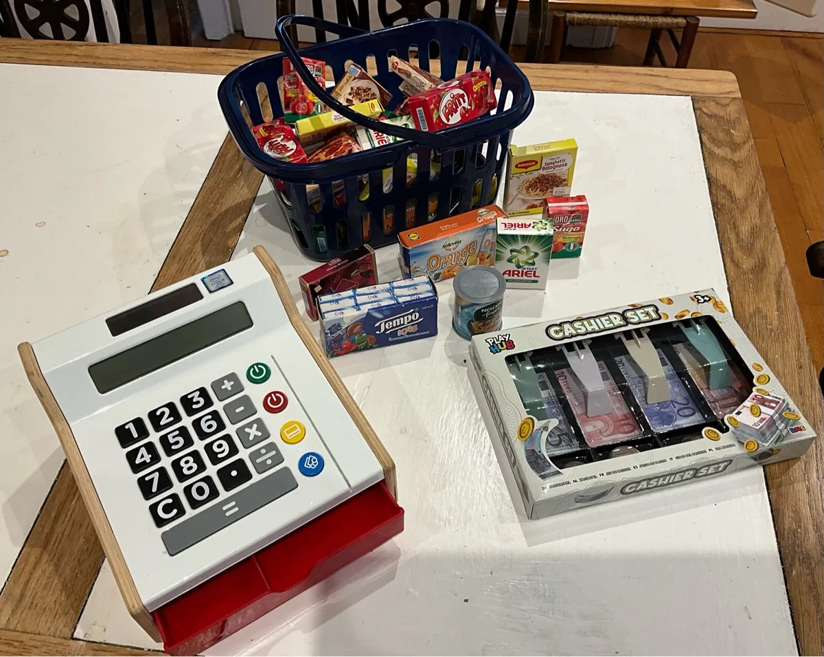 Childs Cash Register, Money, & Basket of Groceries - Image 1