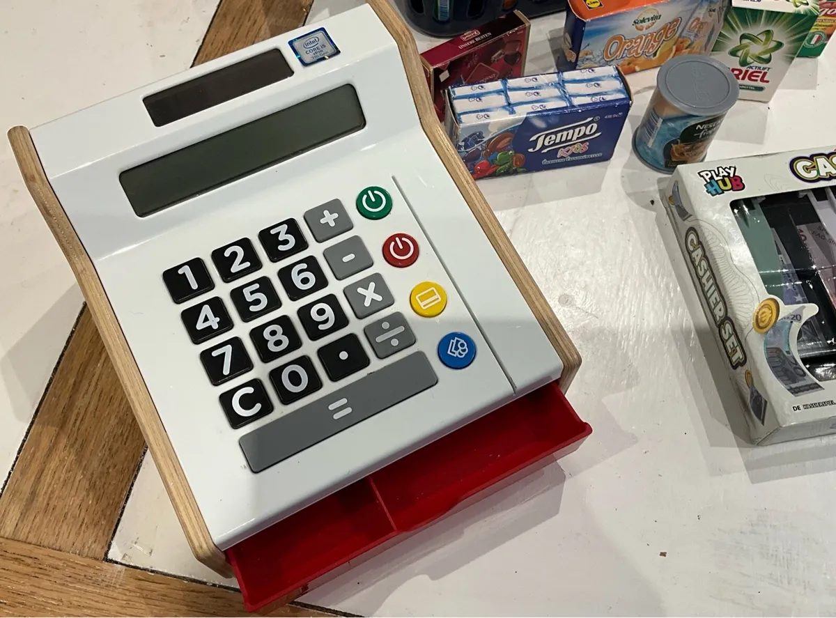 Childs Cash Register, Money, & Basket of Groceries - Image 2