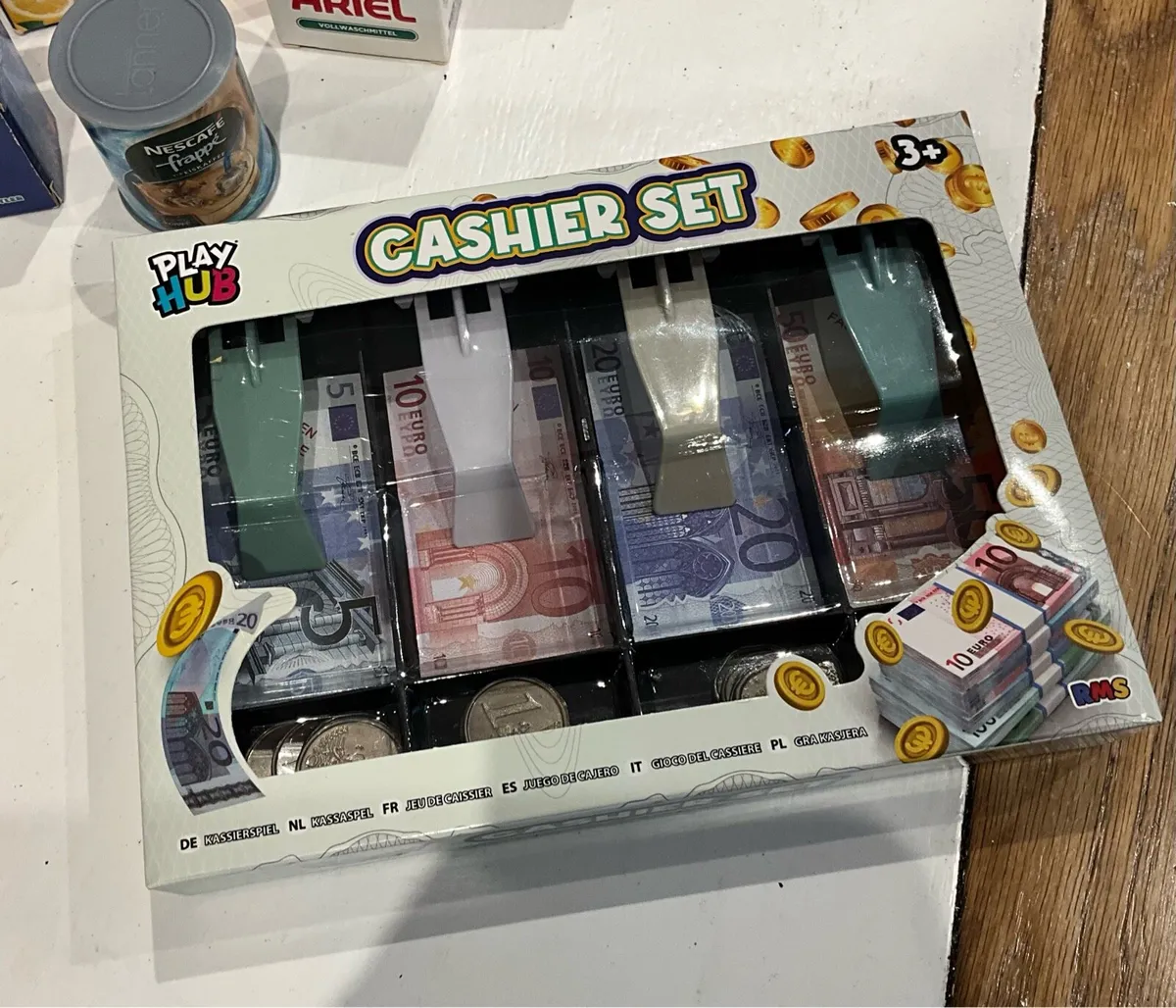 Childs Cash Register, Money, & Basket of Groceries - Image 3