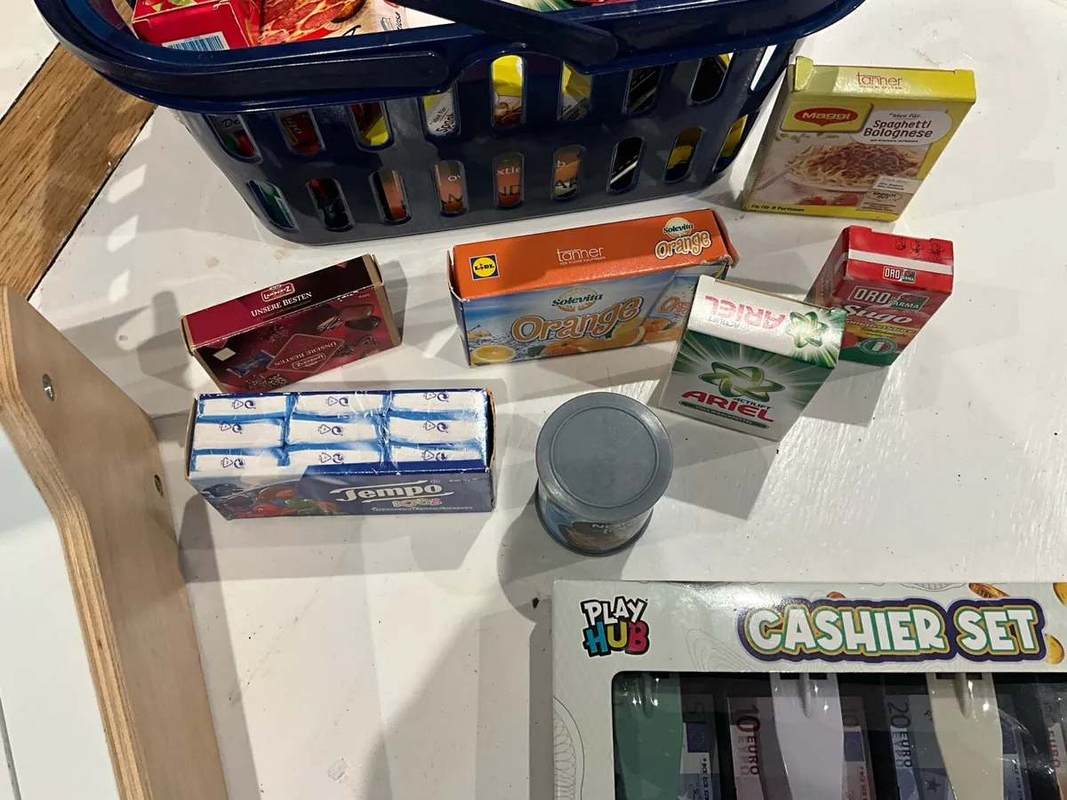 Childs Cash Register, Money, & Basket of Groceries - Image 4