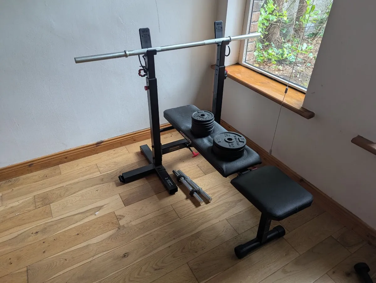 Decathlon weight bench, rack, bar & weights - Image 1