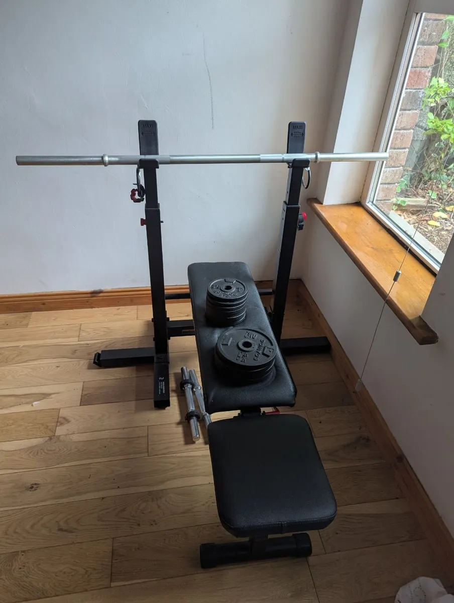 Decathlon weight bench, rack, bar & weights - Image 2