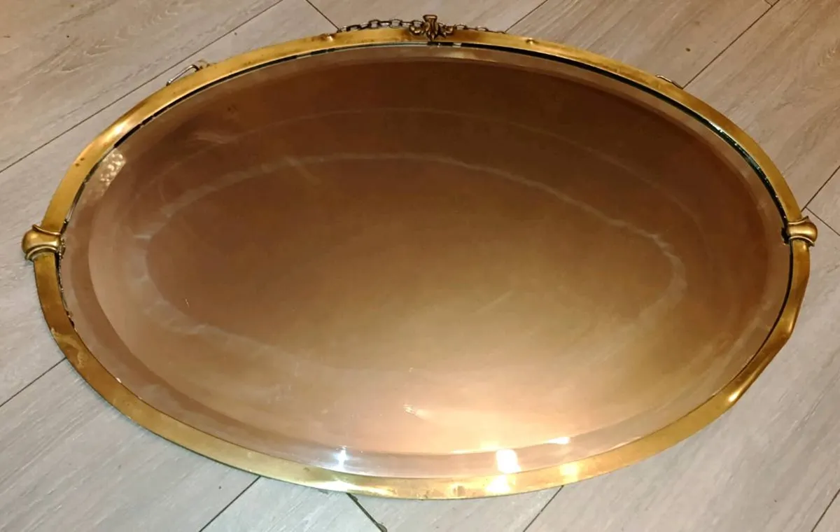Large antique oval bevelled mirror with brass - Image 1