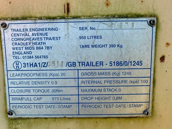 950 litre FUEL BOWSER SINGLE AXLE....877 377211414