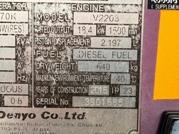 2015 GENERATOR 20 KVA ...JAPAN / KUBOTA ...1172T 378795321