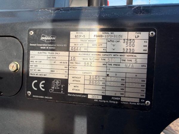 2014 DOOSAN 3.3 / 3 TON GAS FORKLIFT ....116P 381700962