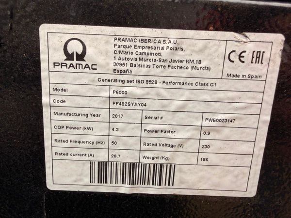 2017 PRAMAC 6 KVA GENERATOR ...232 HRS ...887T 385041911