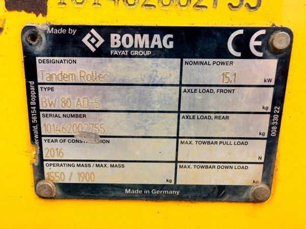 2016 BOMAG BW 80 ROLLER ....ONLY 729 HOURS 385539862