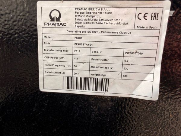 2017 PRAMAC 6 KVA GENERATOR ...863 HRS ...890T 385947183