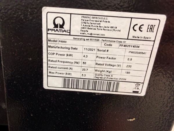 2021 PRAMAC 6 KVA GENERATOR ...227 HRS ...891T 386093483