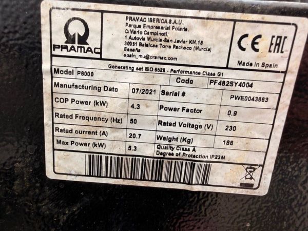 2021 PRAMAC 6 KVA GENERATOR ...710 HRS ...893T 386093527