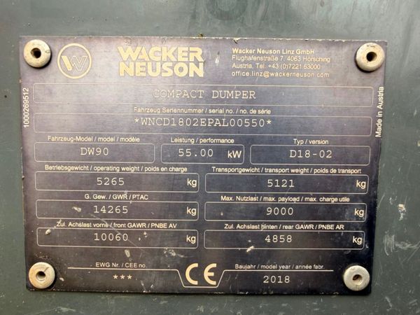 2018 WACKER NEUSON 9 TON DUMPER ...2,533 hrs 396530977
